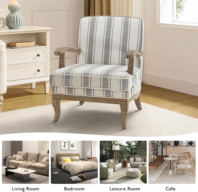 HULALA HOME Mid-Century Modern Chair Set of 2 Upholstered Accent Chair with Graceful Curves and Wooden Legs Comfy Lounge Armchair Striped Accent Chairs for Living Room Bedroom (Grey)