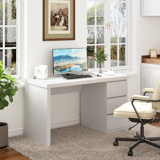 Desk with Drawers White Computer Desk with 3 Drawer Small Space Writing Desk with Drawers for Home Office Modern Simple Design 47 Inch