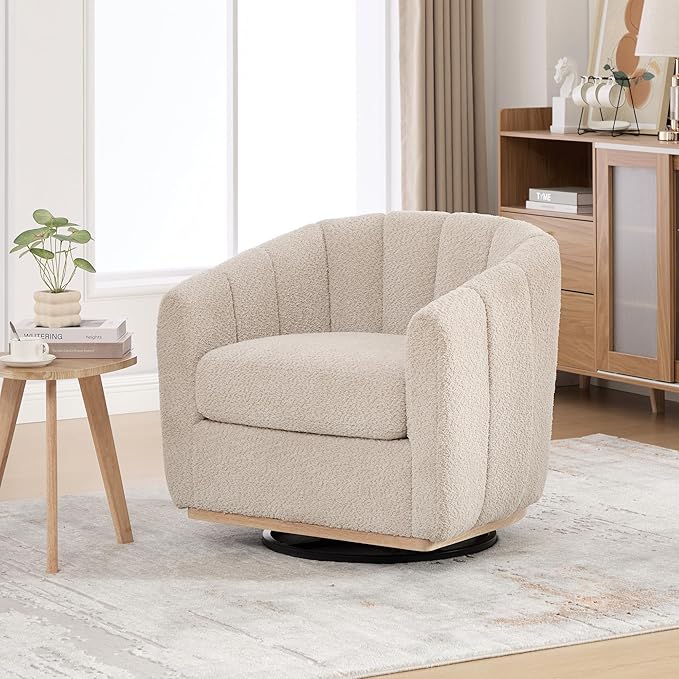 Swivel Accent ChairModern Barrel Chair with 360° RotationChenille Fabric UpholsteryFoam Cushion &amp Pocket Spring SeatSturdy Round BaseCozy Pumpkin Armchair for Living Room Bedroom OfficeWheat