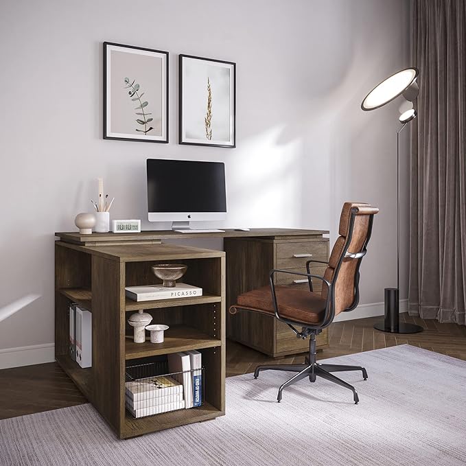 BELLEZE L Shaped Computer Desk 60” Study Writing Table Home Office Desk Morden Corner Workstation Setup with Adjustable Storage Shelves and 3 Drawers Rustic Oak