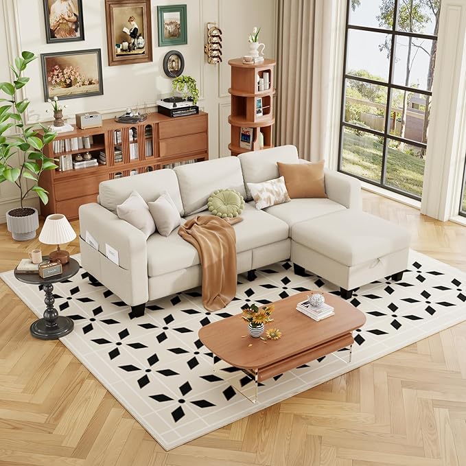 ZeeFu Sectional Sofa Couch with Storage Ottoman 78 L Shaped Modular 3 Seater Couches for Living Room Modern Linen Fabric Set for Small Space Apartment Office