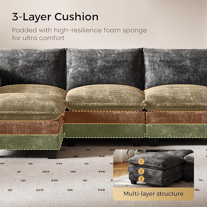 KKL 120 Modular Sectional Sofa for Living Room U-Shaped 6 Seater Convertible L-Shaped Cloud Couch with Ottoman Chenille Modern Sectional Couches for Living Room Apartment Grey