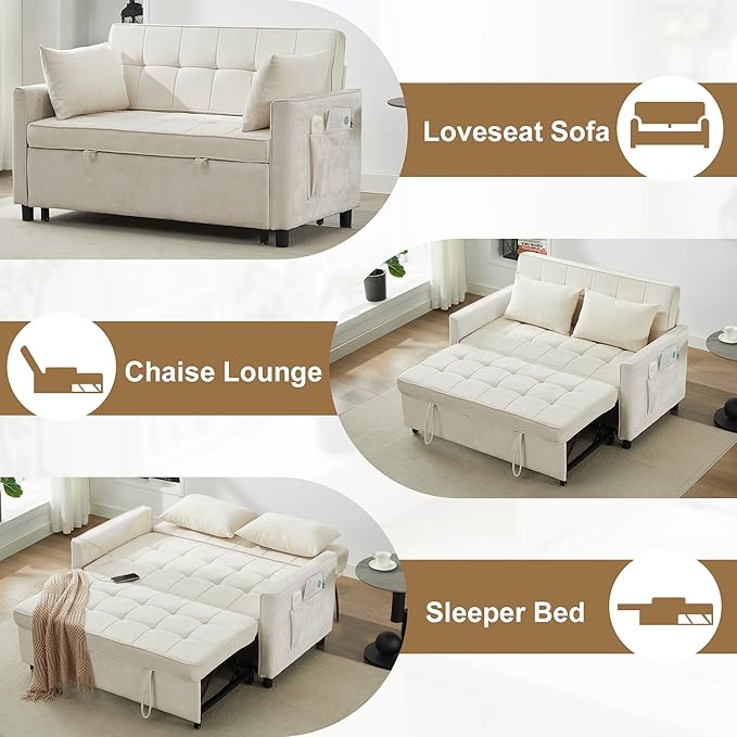 Tbfit 57 Convertible Sofa Bed Chenille Futon Sleeper Sofa Couch with Pullout Bed USB &amp Adjustable Backrest Full Size Pull Out Loveseat Couches for Living Room Apartment Office Dorm Beige