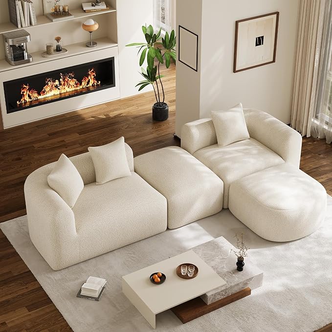 120 Curved Sectional Sofa Cream Cloud Couch Boneless Modular Sectional Couch for Living Room Oversized L Shaped Curved Couches Comfy Modern Sofa Plush Chenille with Ottoman Cream White