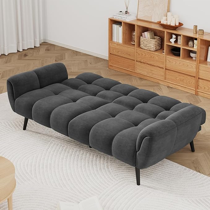 Convertible Futon Sofa Bed 76.77 Modern Linen Futon Couch Comfy Sleeper Sofa with Adjustable Backrests Couch Bed for Small Spaces Living Room Bedroom Apartment Dark Grey