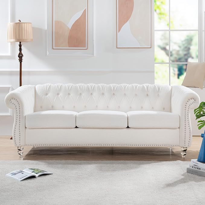 GDFStudio 85 Tufted Button Chesterfield Sofa with Deep Seat Cushions Rolled Arms &amp Gold Accent Strip 3-Seater Midcentury Modern Sofa for Living Room Classic Couch Furniture White + Polyester