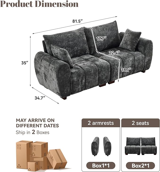81.5 Chenille Love Seat Sofa 2 Seater Modular Sectional Couch with Deep Seat Solid Wood Legs Cloud Couch for Bedroom Living Room Mid Century Modern Loveseat Tufted Sofa Grey
