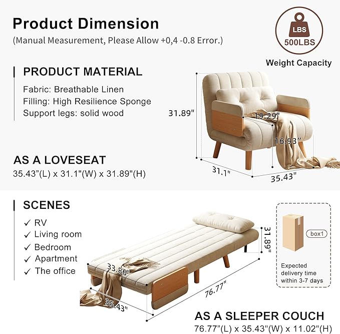 Convertible Lounger Fold-Out Sofa Bed 3-in-1 Sleeper SofaAdjustable Backrest Modern-Style Sofa for Small Spaces Bedrooms &amp Offices(Beige35.43)