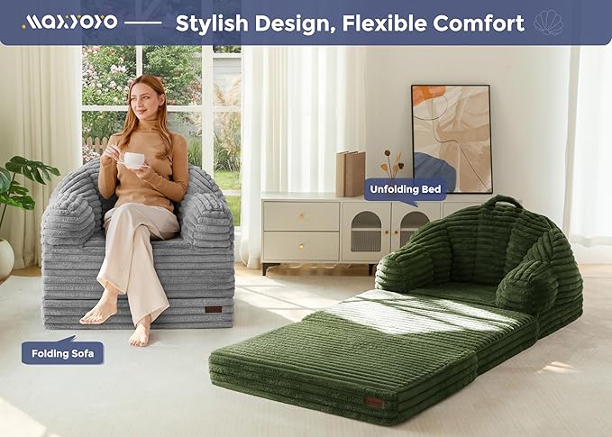 MAXYOYO Folding Sofa Bed 2 in 1 Convertible Sofa to Lounger Comfy Faux Fur Bean Bag Chair for Adults Floor Single Sleeper Couch Chair with Handle Couch Bed for Living Room Bedroom Dark Green