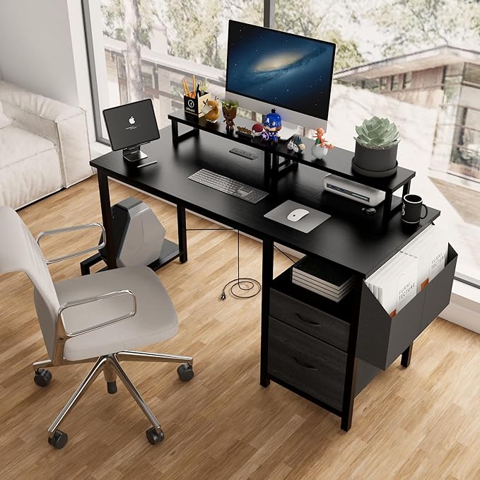 Modern 47 Home Office Writing Desk with Power Outlet &amp 2 Drawers Gaming Desk w/ 2 Monitor Stands &amp Side Pocket for Office Crowd &amp Gaming Crowd (Black)