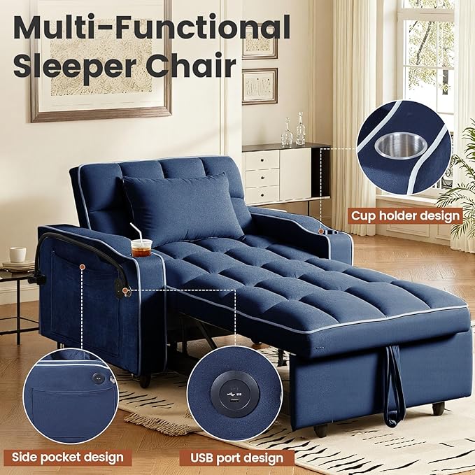 Sleeper Chair Convertible Pull Out Chair Sleeper with Bracket and Cup Holder Chairs Bed Sleepers for Adults 3 in 1 Sofa Bed Chairs for Small Spaces Living Room Blue