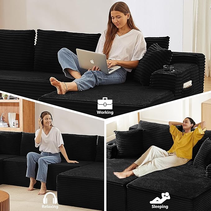 GNIXUU 133.5 Oversized U Shaped Black Boneless Sectional Couch with Cup Holders Modular Sectional Cloud Sofa with Storage Pocket Deep Seat Plush Corduroy Couches for Living Room No Assembly! | eas