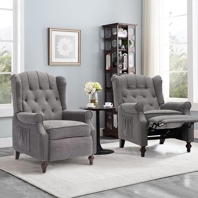 IPKIG Recliner Chair with Heated and Massage Tufted Button Wingback Design Push Back Chair Recliners Armchair Accent Chairs with Side Pockets for Living Room Bedroom Home Office (1 Grey)