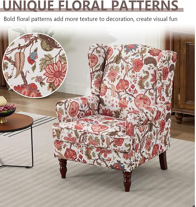Anwick Modern Floral Accent Chair Upholstered Armchair Wingback Chair with Wooden Legs Single Sofa Reading Chair Accent Chairs for Living Room Bedroom Office (Red)