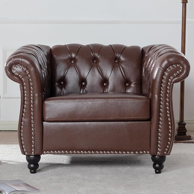 Leather Chair Living Room Single Sofa Medieval Retro Tufted Cushion Accent Sofa Chair with Rolled Arms and Nailhead Cigar Chair for Bedroom Office Apartment Club Chairs (Dark Brown)