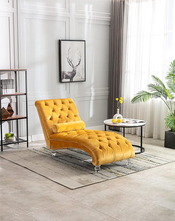 Leisure Velvet Concubine Sofa Accent Sofa Chaise Reclining Lounger Barrel Sofa with Acrylic Feet (Mustard) sofa Chaises Longues