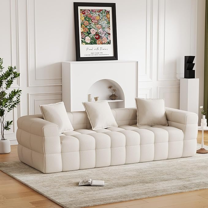 Cloud Sofa 91.3 Comfy Chenille 3 Seater Deep Seat CouchBoneless Cloud Couch Modern Compression Sofa for Living Room No Assembly Required Beige White