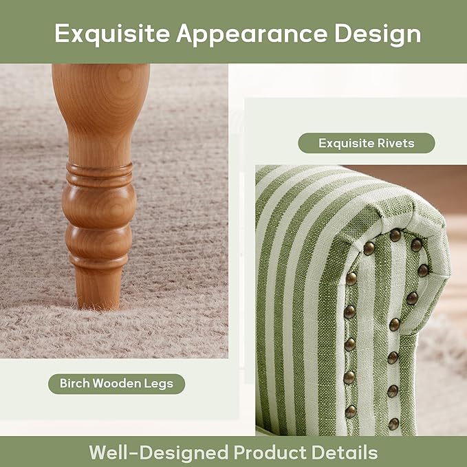 HUIMO Linen Fabric Accent Chair Mid-Century Modern Upholstered Armchair with Solid Wood Legs Comfy Reading Club Chair for Living Room Bedroom (2 Green and White Stripe)