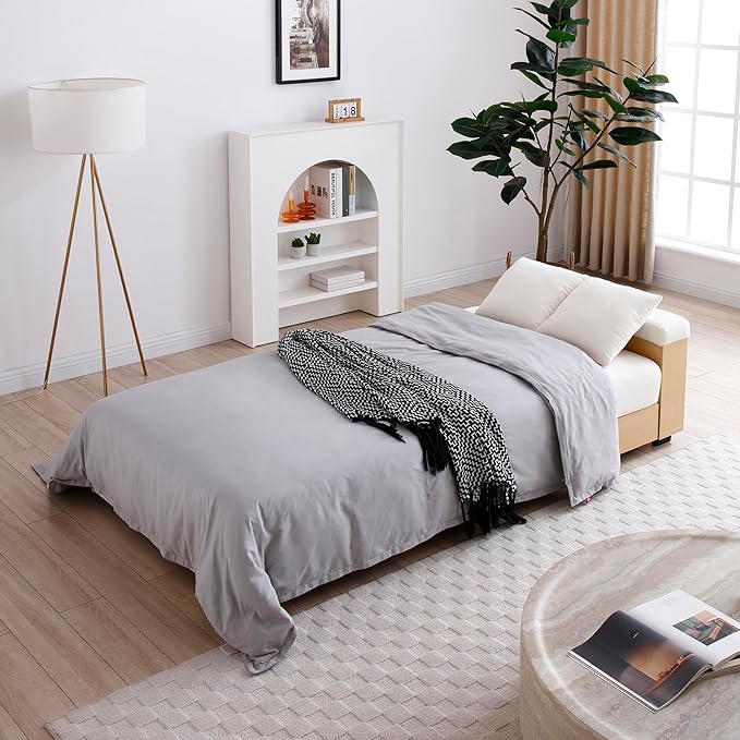 KEIKI Multi-Functional Sofa Sleeper with Storage Ottoman and Two Pull Out Drawer Fold Out Couch Bed with Side Storage Rack and Drop Down Table with 2 Cup Holders