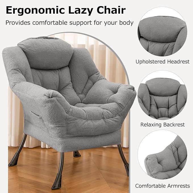 Giantex Lazy Chair Modern Sherpa Accent Chair w/Steel Frame Upholstered Single Sofa Chair w/Armrests &amp Side Pocket Leisure Reading Lounge Chair for Living Room Bedroom Office Dorm (Gray)