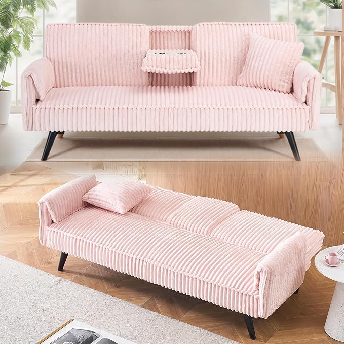 Anwick Futon Sofa Bed Modern Folding Couch for Small Space Corduroy Convertible Loveseat Sleeper Bed Daybed Recliner Lounge Sofas for Living Room2 Cup HoldersMetal LegsRemovable Armrests (Pink I)