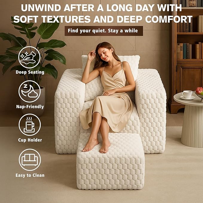 43 Boneless Couch Chair with Ottoman Comfy Lounge Sofa Couch with Pillow Corduroy Lounge Chair Single Upholstered Armchair Reading Chairs for Living Room Bedroom No Assembly Required White
