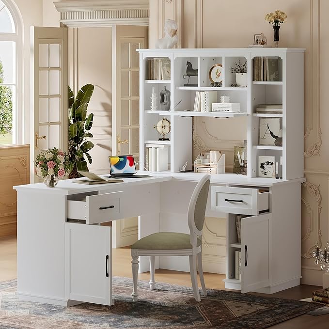 Bellemave L-Shaped Computer Desk with 2 Cabinets and 2 Drawers Home Office Desk with 11 Open Shelves and 1 Right Flip Shelf Corner Desk for Study Living Room and Office (Off White