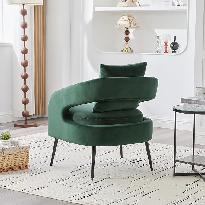 Modern Minimalist Style Open Back Accent ChairVelvet Barrel Dining Chair with Metal LegsComfortable Upholstered Single Sofa for Living RoomBedroomReceptionDining RoomGreen