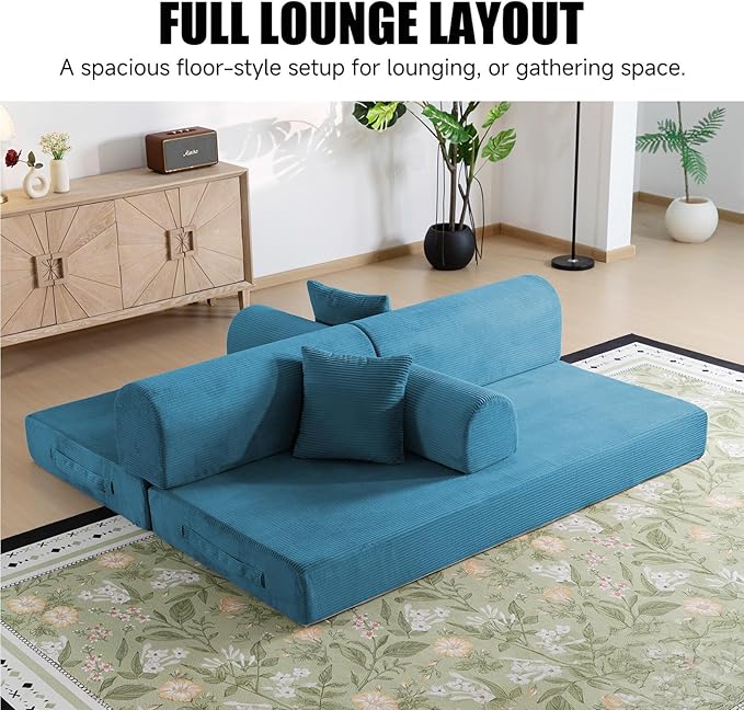 78.8 Boneless Memory Foam Couch Corduroy Convertible Floor Sofa Bed Fold-Out Sleeper Futon Loveseat Wide Armrests &amp Supportive Back 1200 lb Couch in a Box 2 Pillows Light Blue