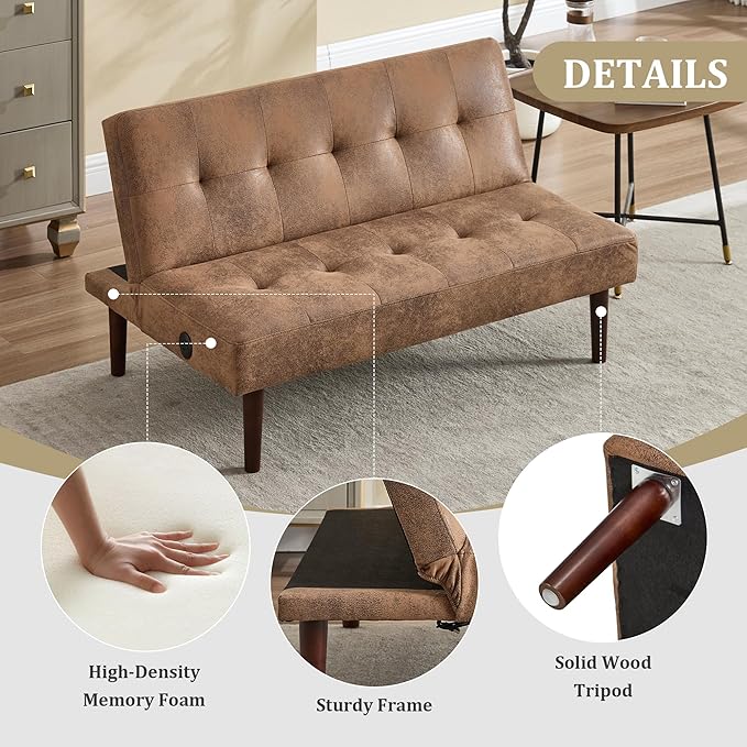 Anwick Convertible Futon Sofa Bed with Charging Port 45″ Folding Sleeper Sofa Adjustable Backrest Small Couch for Living Room Small Spaces Or Office Modern Loveseat (Coffee)
