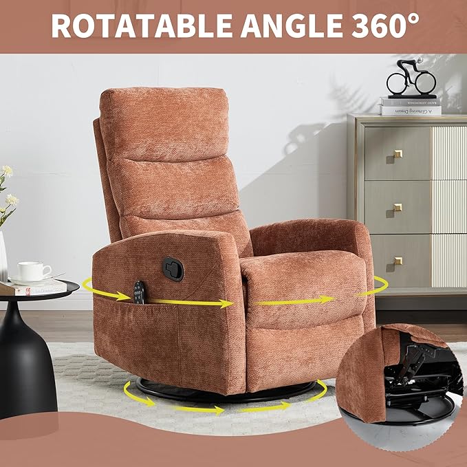 PELUMY 360° Swivel Rocker Recliner with Heat &amp Vibration Massage Glider Rocking Chair for Adults Compact Recliner for Living Room Small Spaces Nursery Bedroom (Chenille Orange)