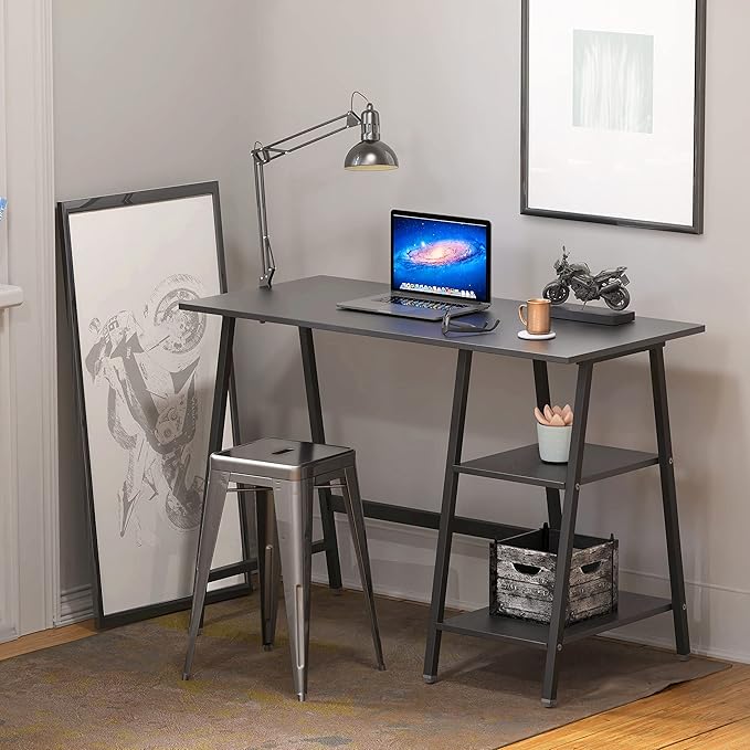 SHW 43-Inch Home Office Trestle Computer Desk with Open Storage Shelves Black