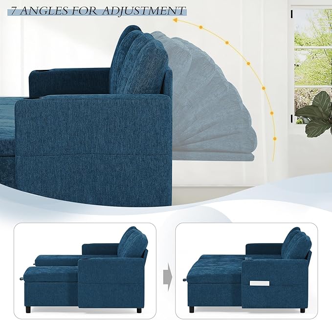 110 Sectional Pull Out Sofa Bed with Adjustable Backrests U-Shaped Sleeper Sofa with USB Ports Upholstered Reversible Couch with Cup Holder &amp Storage Space for Living Room House Blue