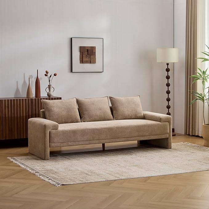 Christopher Knight Home Ahrab 84 Upholstered Sofa with 3 Back Pillows Modern Fabric 3-Seater Sofa Cozy Oversized Loveseat with Low Armrest Spacious Lounge Seating for Living Room Home Rest Camel
