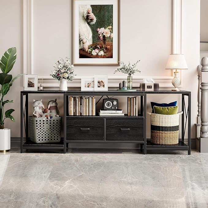 Homeiju TV Stand for TVs up to 75 Inch Entertainment Center with Fabric Drawers TV Media Console Table with Open Storage Shelves for Living Room Bedroom Black