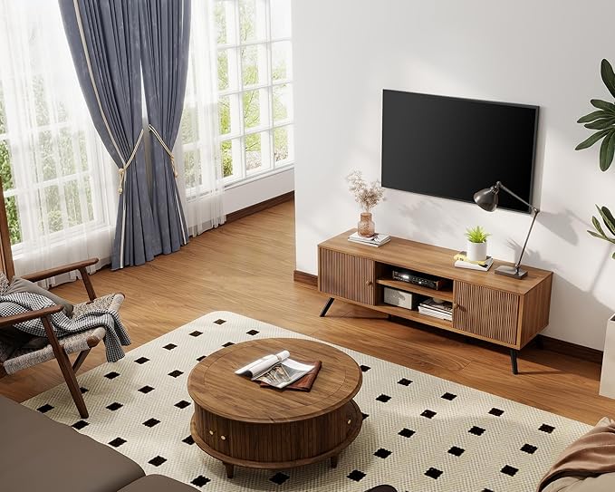 COMHOMA TV Stand for Living Room Mid Century Modern Entertainment Center for 55/60/65 Inch TVs Retro Brown TV Console with Fluted Door Cabinets and Open Adjustable Shelve Storage for Bedroom