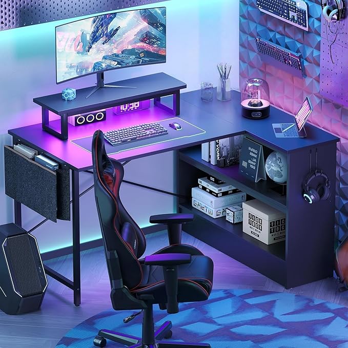 Bestier Small L Shaped Desk with LED Lights 42 Reversible Computer Desk with Open Storage Cabinet &amp Monitor Stand Corner Desk with Side Storage Bag for Home Office Bedroom Black