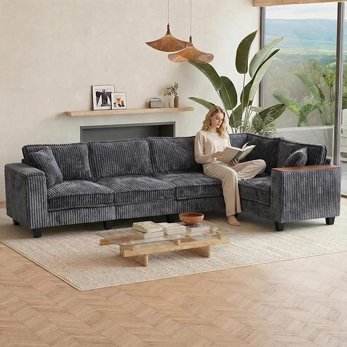 97 Inches Corduroy Couch with 2 Pillows Deep Seat Sectional Sofa Armrests with Two Hidden Storage Space Corner Couch Oversized L Shaped Cloud Couches for Living Room Grey