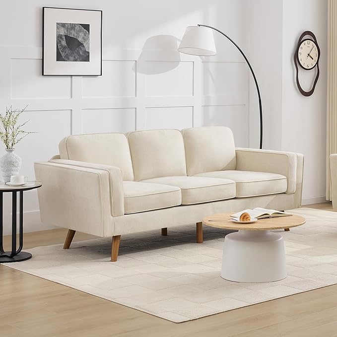 Kingfun 83 Chenille Sofa 3 Seater Couch with Deep Seats Mid Century Modern Upholstered Couches with Dual-Layer Armrests for Living Room &amp Bedroom Beige