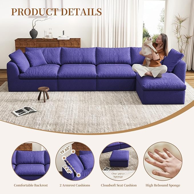 108 Modular Sectional Sofa with Movable Ottoman No Assembly Required Boneless Cloud Couch Deep Seat L Shaped Sectional Couches for Living Room Bedroom and Apartment Purple