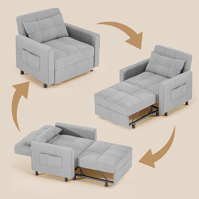 Gizoon Sofa Bed Chair 3 in 1 Convertible Pullout Single Sleeper Chair Bed with Adjustable Backrest Spacious Multifunctional Sofa Couches for Living Room Bedroom Apartment