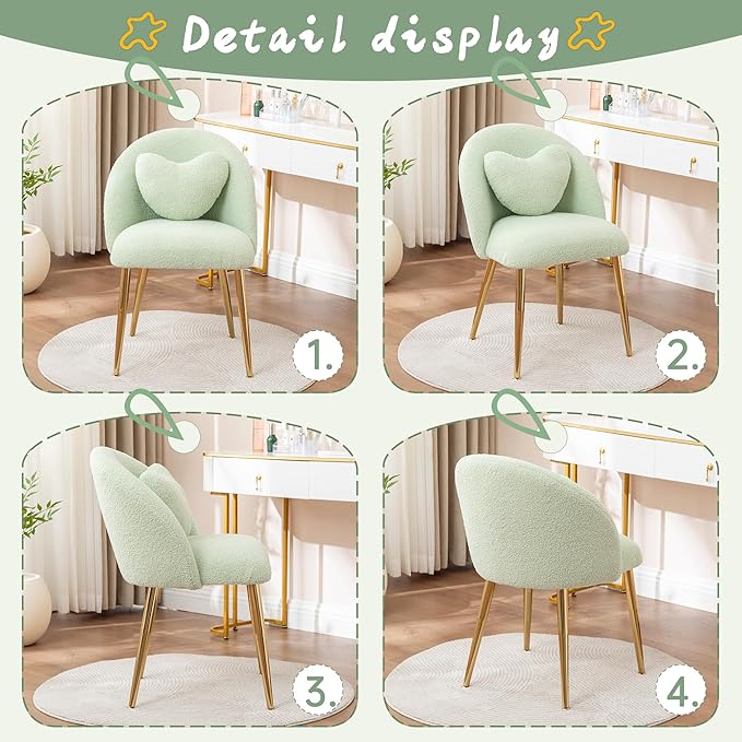 Vanity ChairAccent Makeup Comfy Cute Desk Girls Fluffy Chairs for Bedroom No Wheels Gold Metal Legs Stool (Teddy Green)