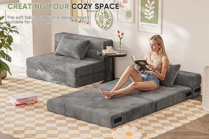 Homall Folding Sofa Bed Floor Couch Convertible Sleeper Chair with Pillow Comfy Futon Lounge Sofas Portable Fold Out Chair Bed for Living Room Small Space (Corduroy Slate Grey)