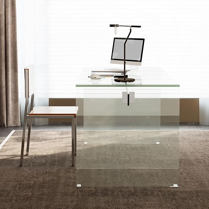 Clear Tempered Glass Writing Desk – Minimalist Modern Computer Table with Metal Joints for Home Office or Study