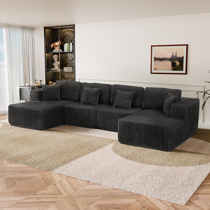 132 U Shaped Couch Modular Sectional Sofa with Chaise Corduroy U Shaped Boneless Couch with Deep Seat Upholstered Modular Cloud Sofa for Living Room No Assembly Required Grey