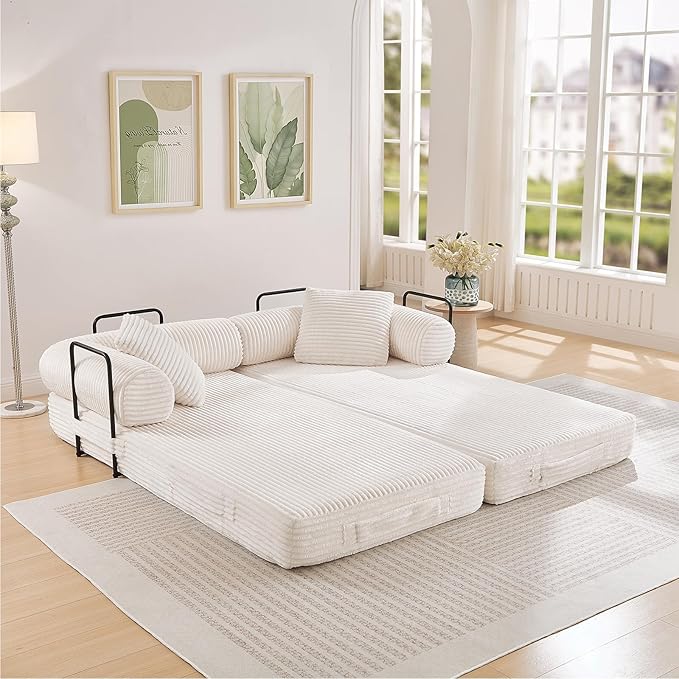 Modular Couch Bed Convertible Folding Plush Corduroy Comfy Floor Memory Foam Compression Loveseat Sleeper Sofa Couch King Size Bed for Guest Room Living Room Bedroom No Assembly Required Beige