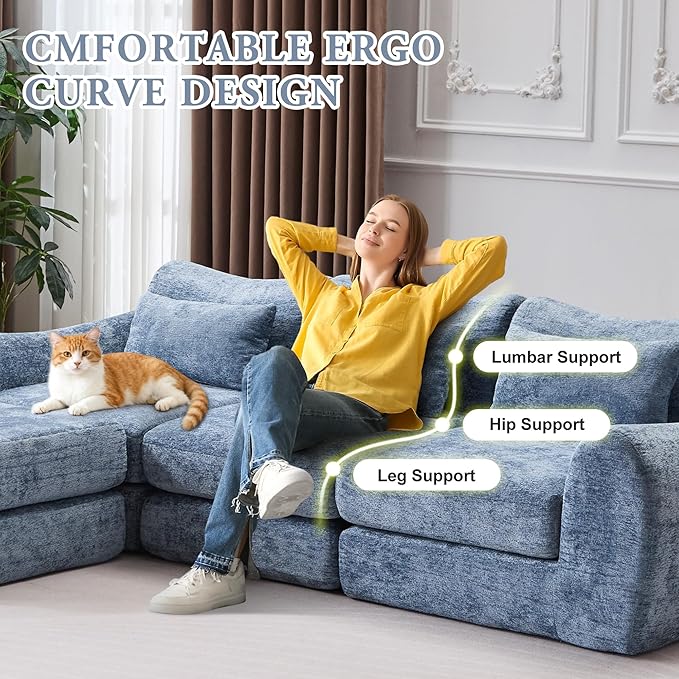 104.72 Multiple Modular Cloud Sofa Bed Sectional Boneless Couch with Chaise for Living Room/Bedroom Shennel Sofa No Assembly 8 Modules Combined Blue