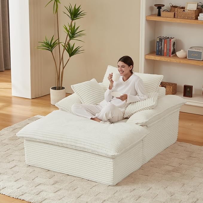 52 Boneless Chaise Lounge – Oversized Chaise Lounge Chair Indoor with Ottoman Cup Holder &amp 3 Pillows Corduroy 3-in-1 Floor Sleeper Chair Bed for Adults Reading NappingWhite
