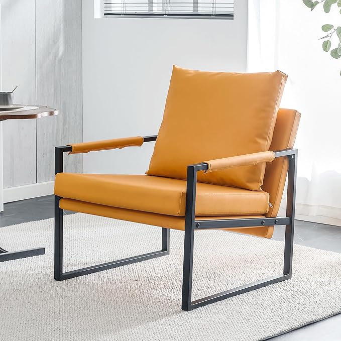 PU Leather Accent Arm Chair Mid Century Modern Upholstered Armchair with Metal Frame Extra Thick Padded Backrest and Seat Cushion Sofa Chairs for Living Room (Orange PU Leather Metal Frame Foam)