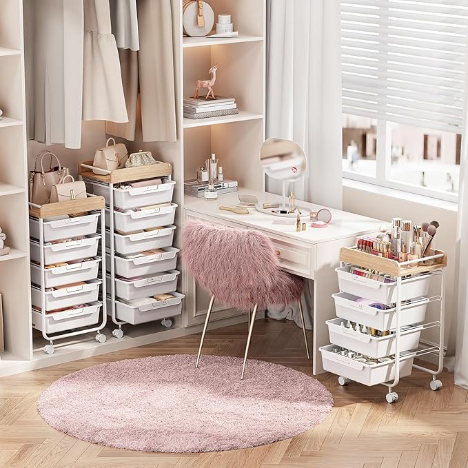 Rolling Cart with 5 DrawersArt Craft CartStorage Utility Cart with WheelsMakeup Organizer with Wooden TabletopWhite